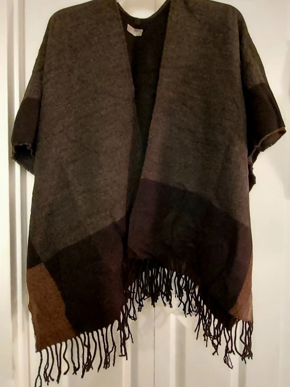 Gray Fringe Open-Front Women's Poncho Jacket